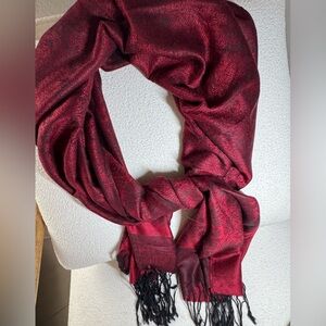Paskmina Deep Red Scarf With Black Fringe 67” X 27”